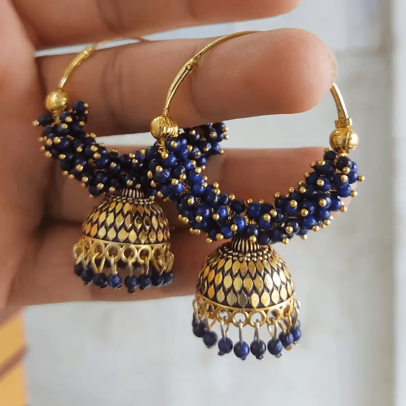Trditional Ethnic Long and Layered Blue color Oxidised Bali Earrings for Women Alloy Jhumki Earring, Drops & Danglers, Chandbali Earring, Earring Set view 2