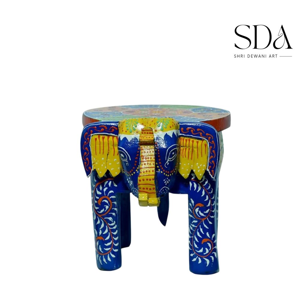 Wooden Elephant Stool, Hand Painted Elephant Stool, Rajasthani Home Decor Handicraft, Home Decorative Items in Bedroom, Living Room view 2