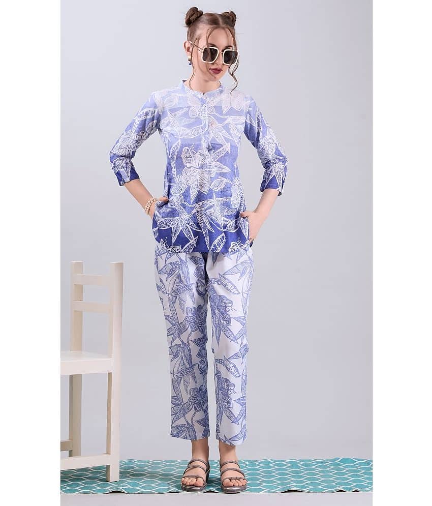 Amarasha Women Printed Top With Trousers Co-Ord Set ( Light Blue )
