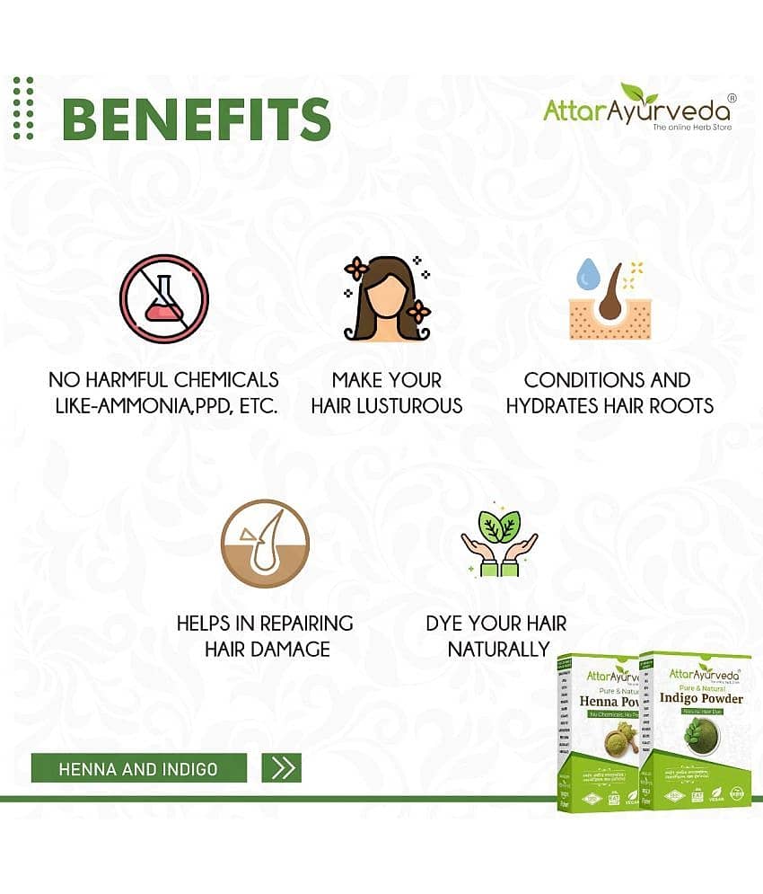 Attar Ayurveda Natural Dye For Black Hair (Henna & Indigo Leaves Powder Combo Pack 400 Grams) view 2