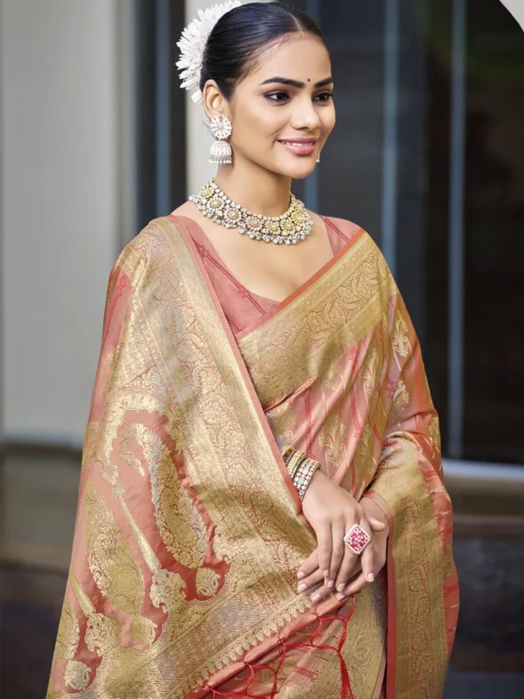 Peach Satin Silk Saree view 2