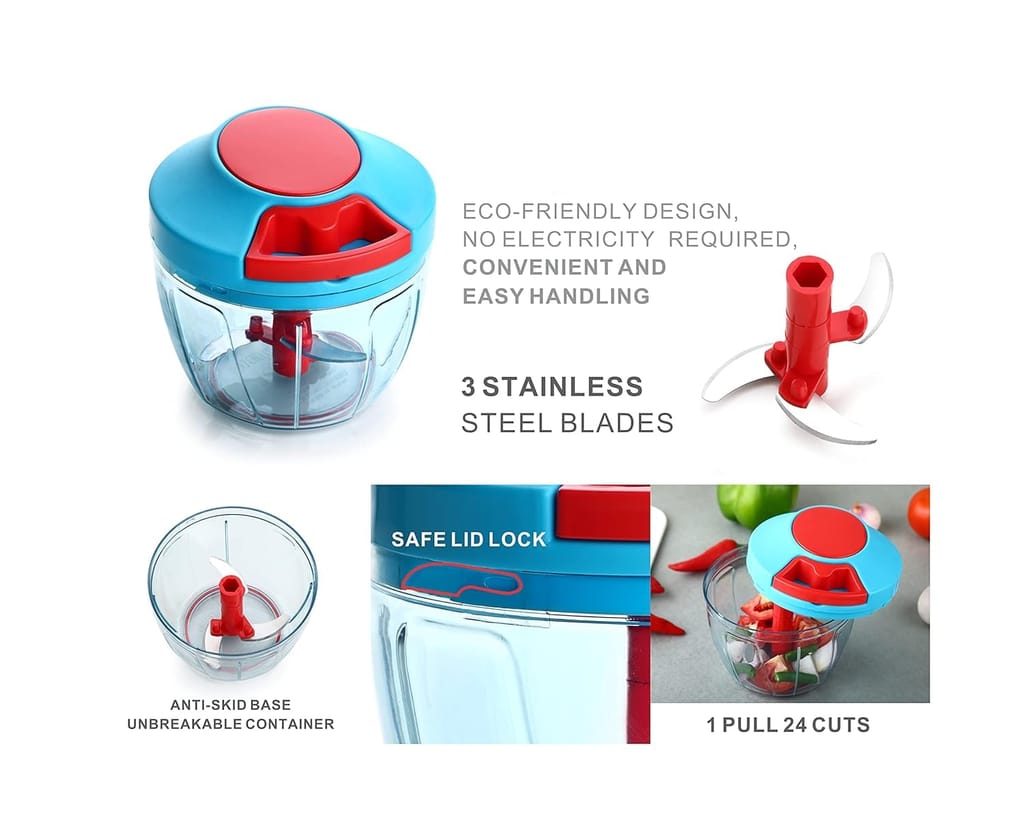 GLOBAL IMPEX Vegetable Round Quick Handy Dori Chopper (1000 ml) with 6 Stainless Steel Blade and Whisker Multipurpose Speedy, Dry Fruit and Onion Machine for Kitchen Tool (Sky Blue & Red 1000ml) view 2