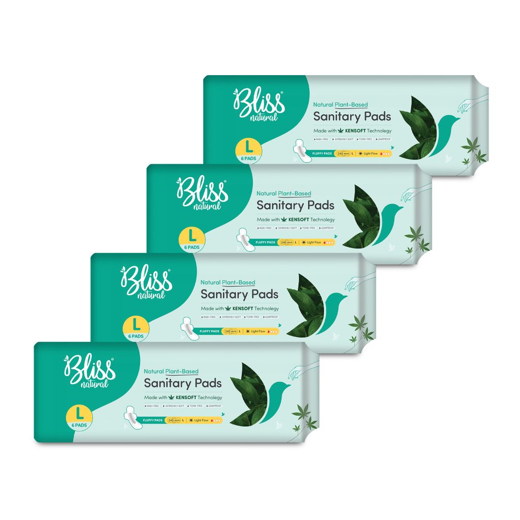BLISSNATURAL Sanitary Pads For Women Pack Of 24 (L) Size Sanitary Napkins, For Light Flow | 3x Absorption and 100% Rash Free Sanitary Pads Combo Pack Of 4