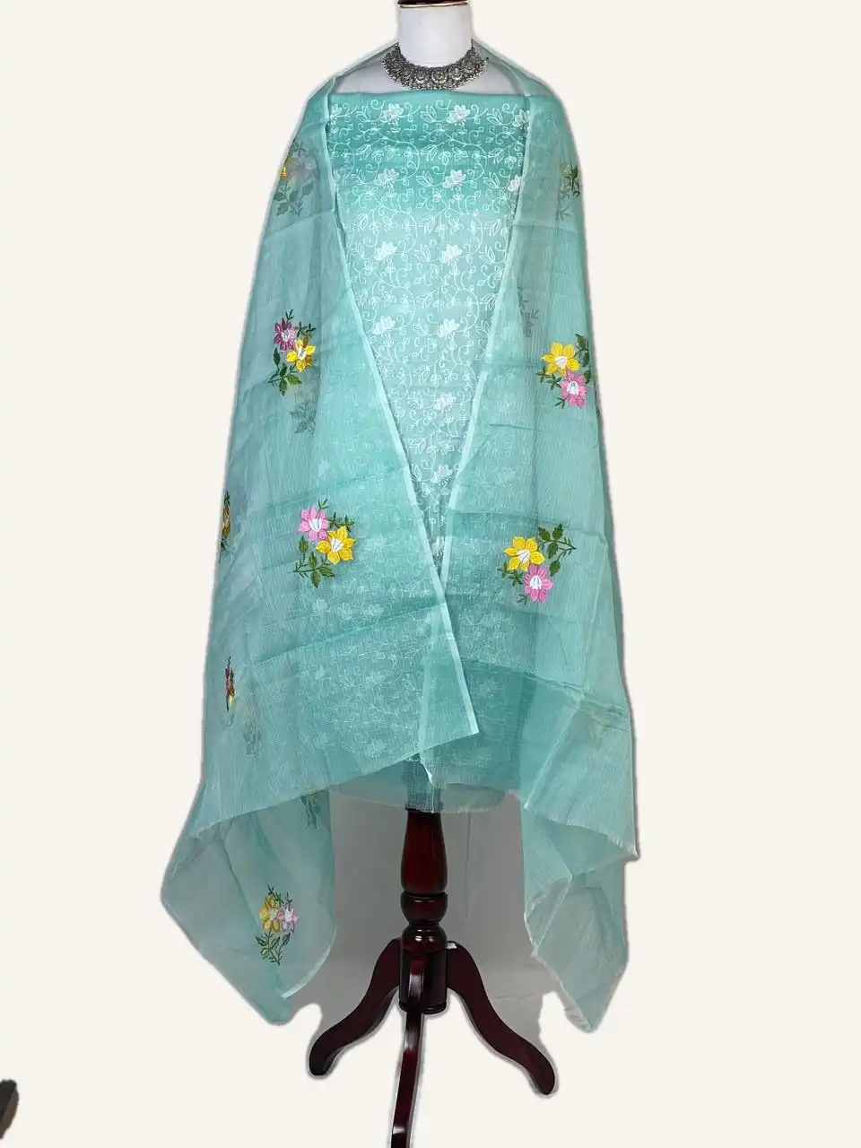 Kota Doria Dress Material Teal Green Floral Jaal view 2