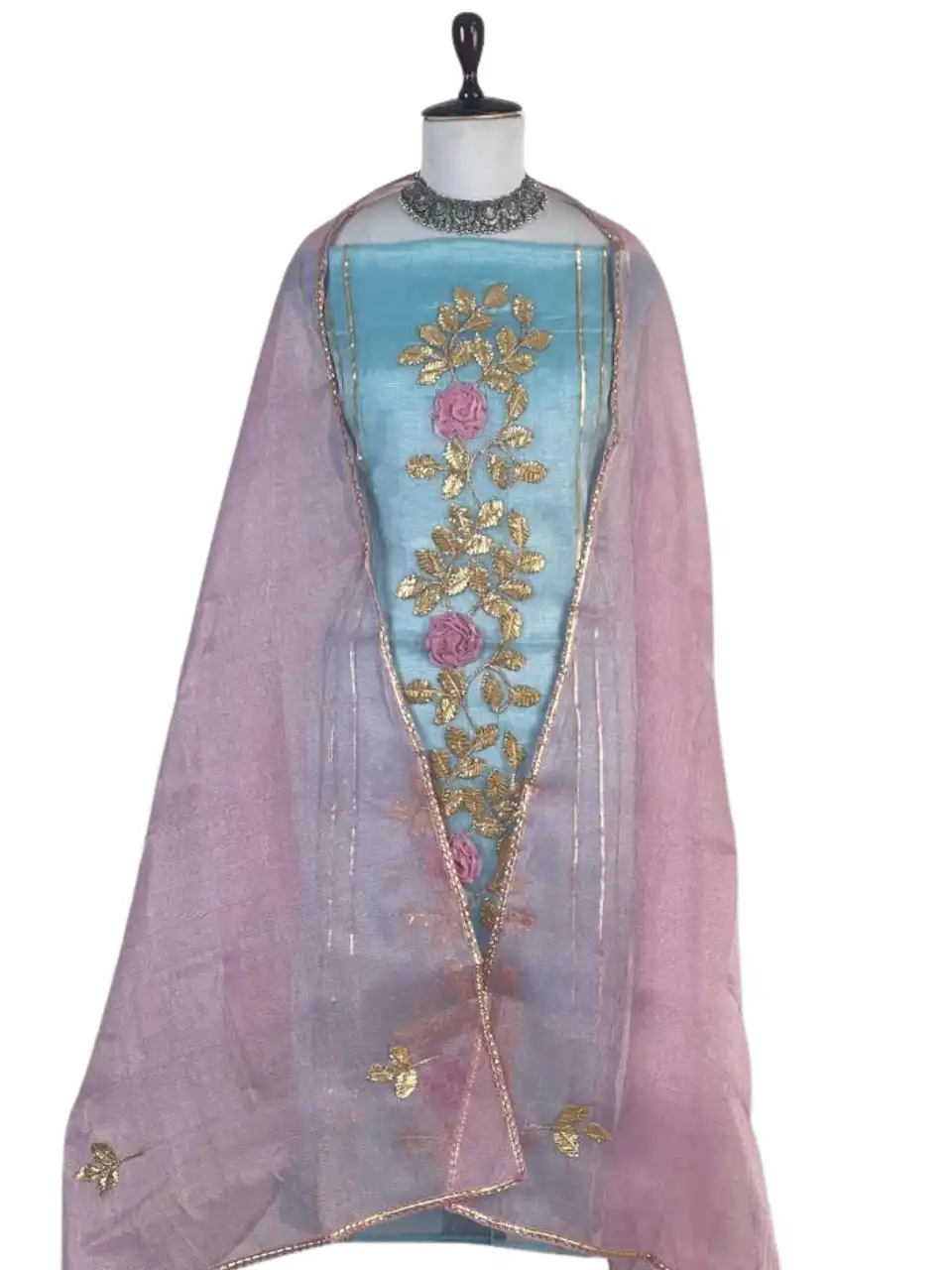 Kota Doria Dress Material Sky Blue Gold Rose Vine view 2