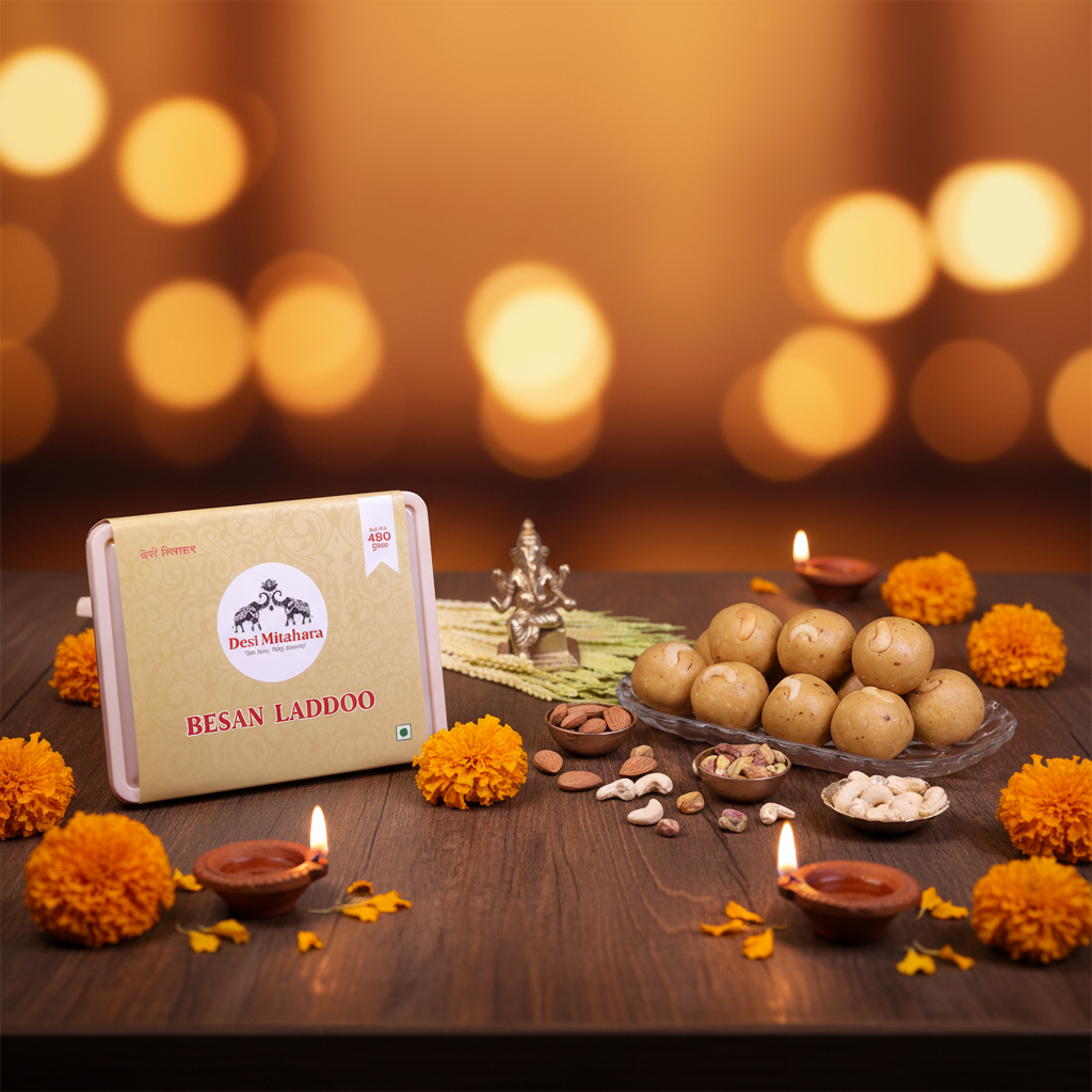 DESI MITAHARA's Besan Ladoo - Made with Besan, Caster Sugar & Cow Ghee - Traditional Indian Sweet - Healthy, Nutritious Snack - 480g Pack - No Artificial Colours - Suitable for All Ages