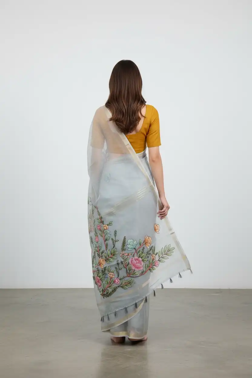 Kota Doria Cotton-Silk Saree with Block-Printed Floral Spray view 2