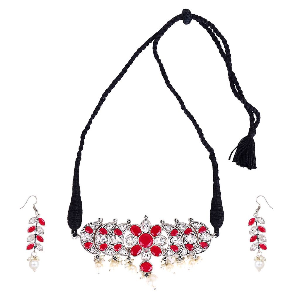 Cardinal Red & White Stone Silver Plated Choker Necklace Set view 2