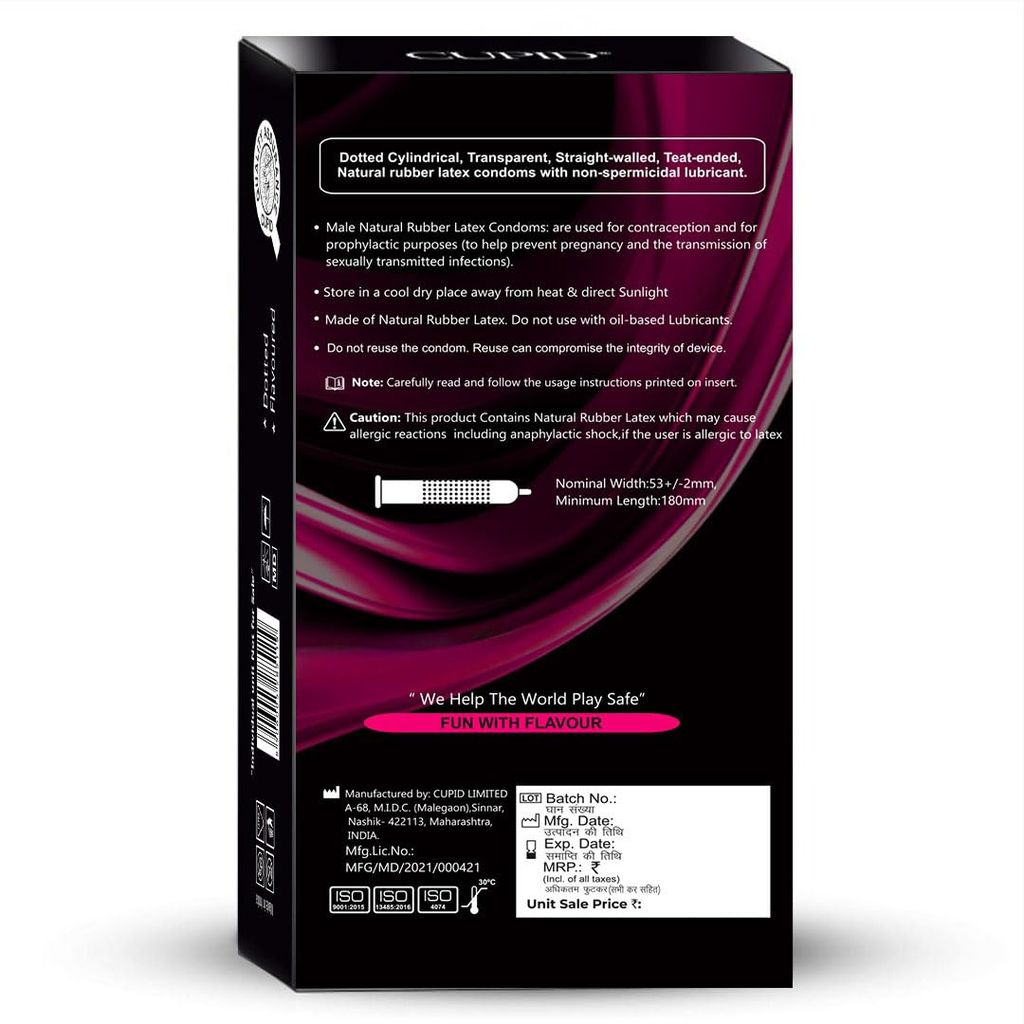 Cupid Dotted & Flavoured Condoms Strawberry Flavour (Pack of 5) | Lubricated & Multitextured Condoms | For Her Enhanced Pleasure | Pack of 5, 12 Pcs Each view 2