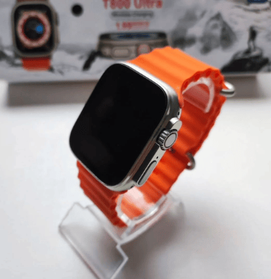 T800 Ultra Smart Watch with Orange Strap, Bluetooth Connectivity, Fitness Tracking, HD Display