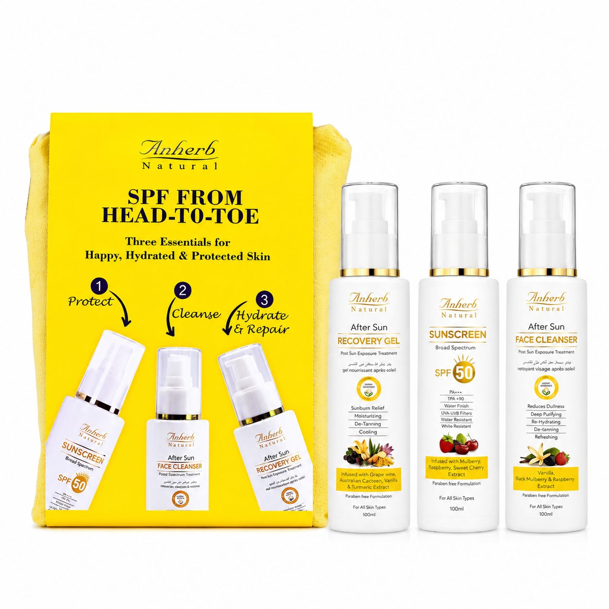 Anherb Natural Daily Sun Protection & Sun Care Combo, Sunscreen + Face Cleanser + Recovery Gel, For Sun Protection, Hydrated and Cleansed Skin - 100g