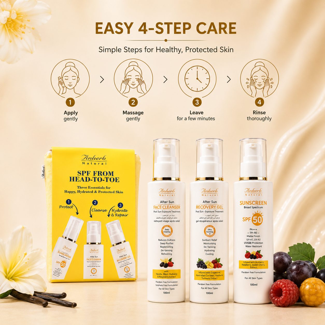 Anherb Natural Daily Sun Protection & Sun Care Combo, Sunscreen + Face Cleanser + Recovery Gel, For Sun Protection, Hydrated and Cleansed Skin - 100g view 2
