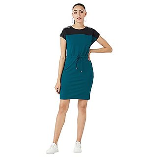 Miss Chase Womens Green and Black Round Neck Continuous Sleeve Solid Paneled Knee-Long Dress view 2