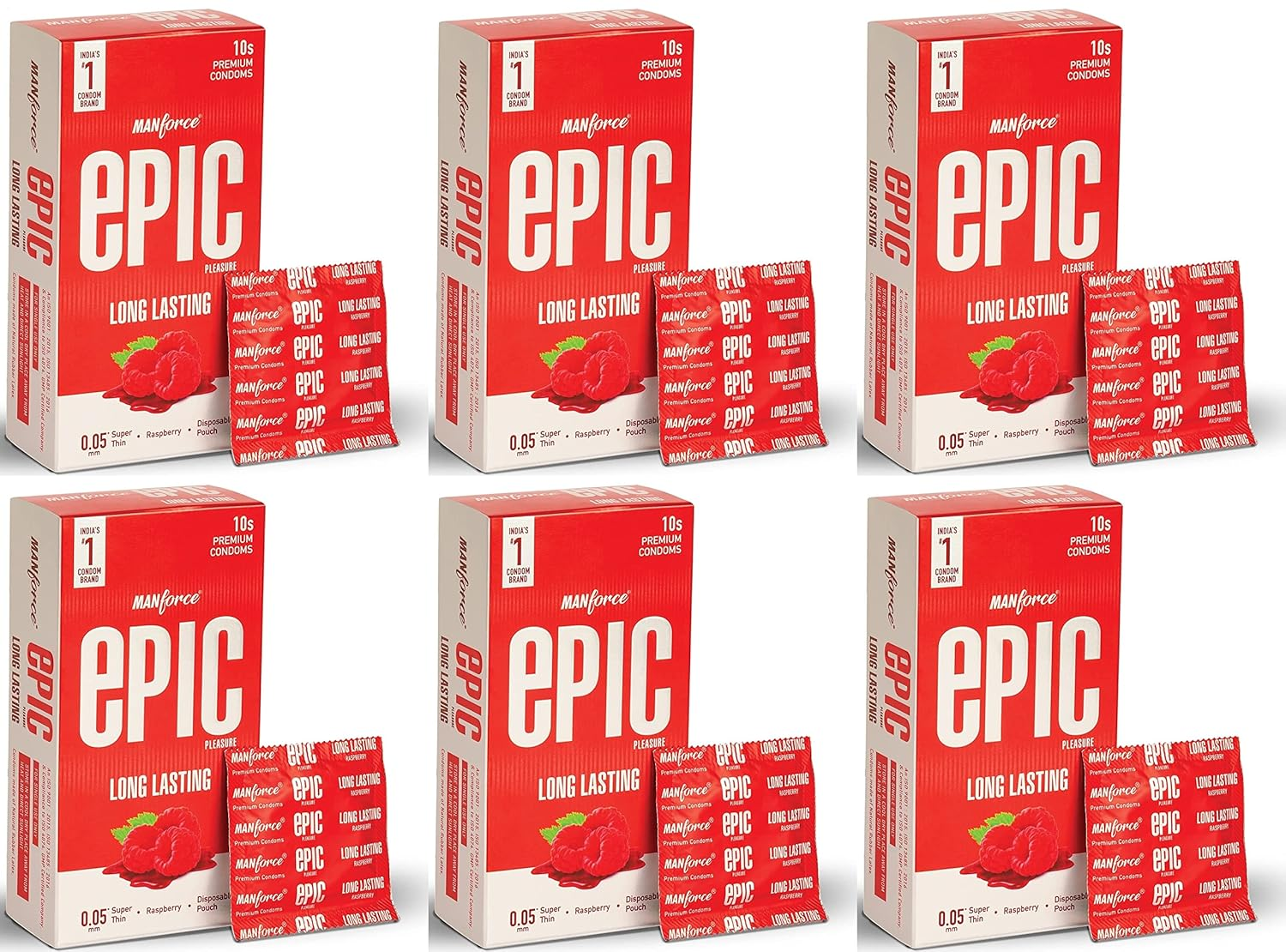 Manforce Epic Pleasure Long Lasting Premium Condoms for Men Super Thin Raspberry Flavour Disposable Pouch (10 Counts) x pack of 6 view 2