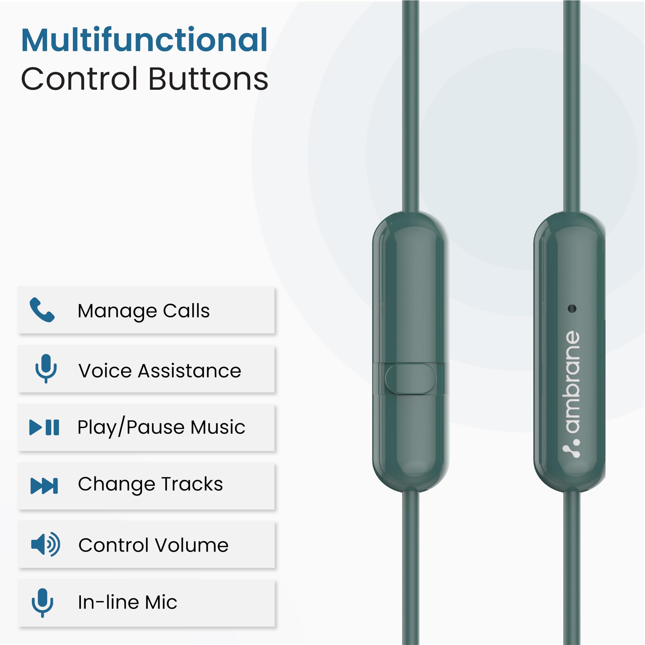 Ambrane Wired in Earphones with in-line Mic for Clear Calling, 14mm Dynamic Drivers for BoostedBass, 3.5mm Jack, Multi-Functional Controller (Stringz 38 Lite, Black) view 2