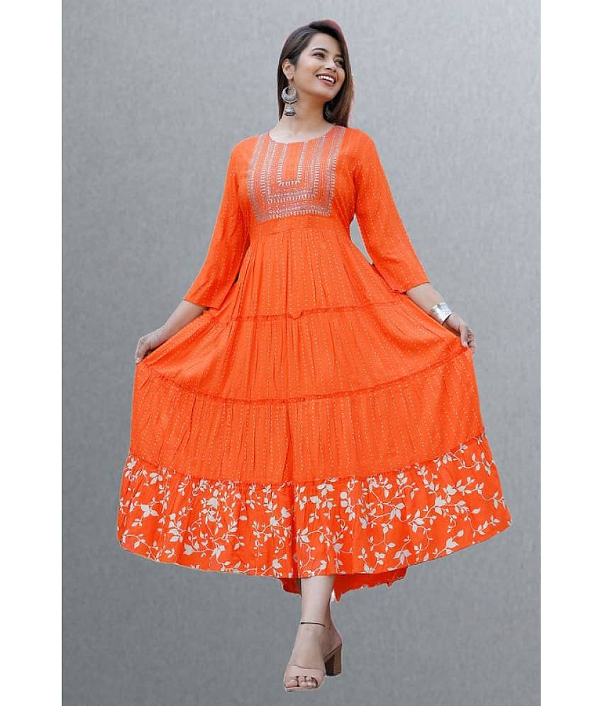 CTMTEX Rayon Printed Flared Women's Kurti - Orange ( Pack of 1 )