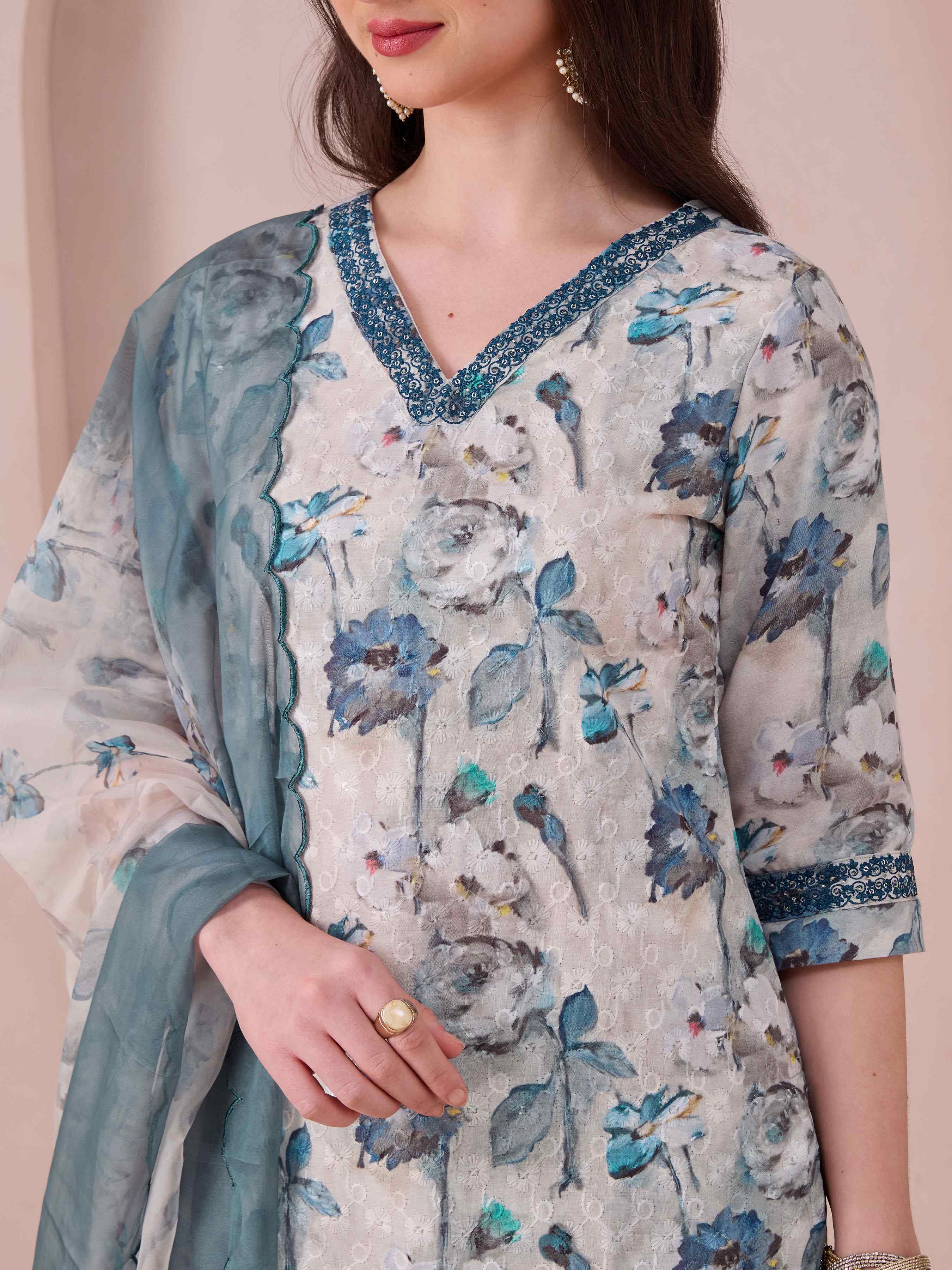 Multi ColourCotton Blend Kurti Set & Dupatta With Sequins Embroidery view 2