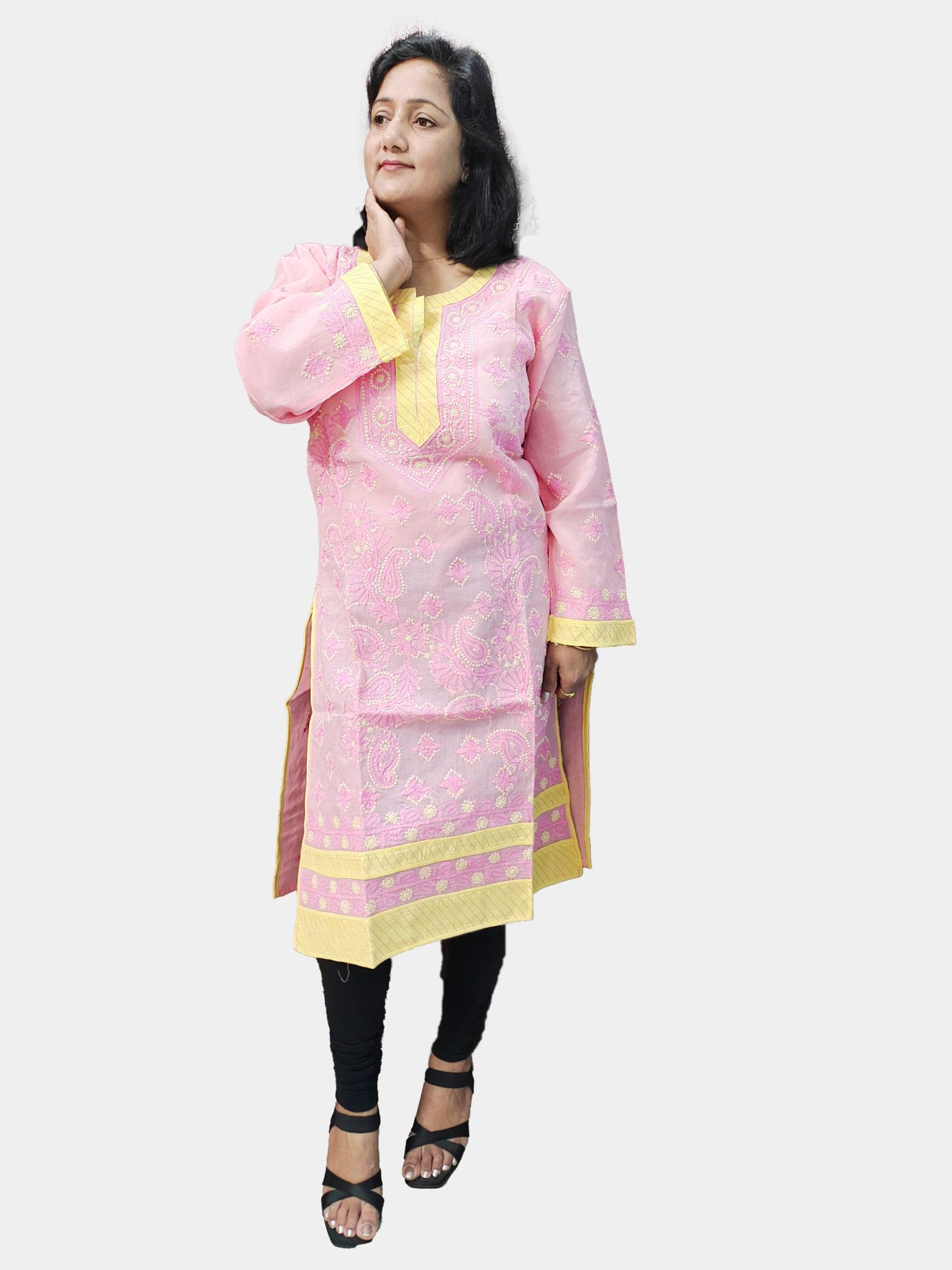 TheHangr Dual Thread Hand Embroided Pink & Yellow Lucknowi Chikankari Kurti view 2