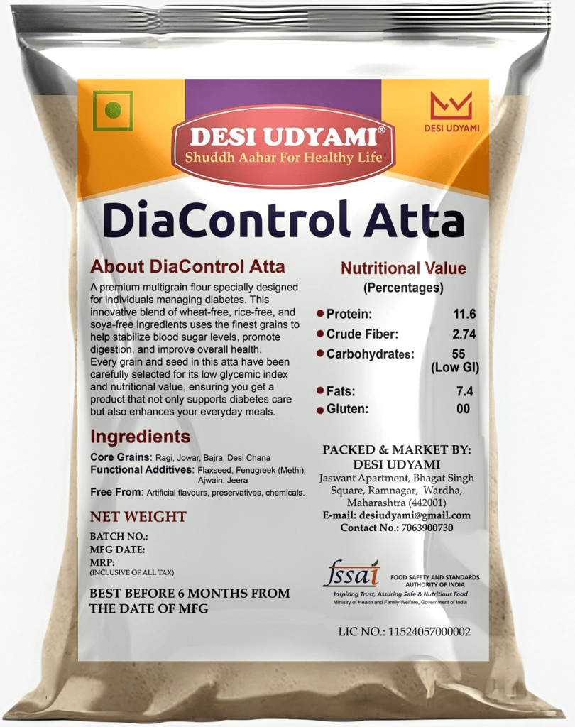 Desi Udyami's Dia-Control Atta: A Sugar-Free Multigrain Flour for Healthy Living | DiaControl Multigrain Atta for Diabetes Care | Low Glycemic, High Fiber Flour | Natural Ingredients for Healthy Blood Sugar 2 Kg (pack of 2) view 2