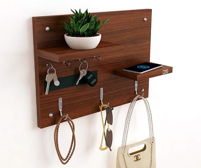DAS Wall Mounted Home Dcor Key Chain Holder/Organizer Key Hooks with Double Wall Shelf Display Rack Classic Walnut (7 Hooks)- Diana