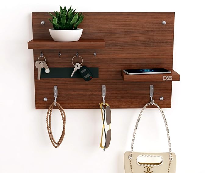 DAS Wall Mounted Home Dcor Key Chain Holder/Organizer Key Hooks with Double Wall Shelf Display Rack Classic Walnut (7 Hooks)- Diana view 2