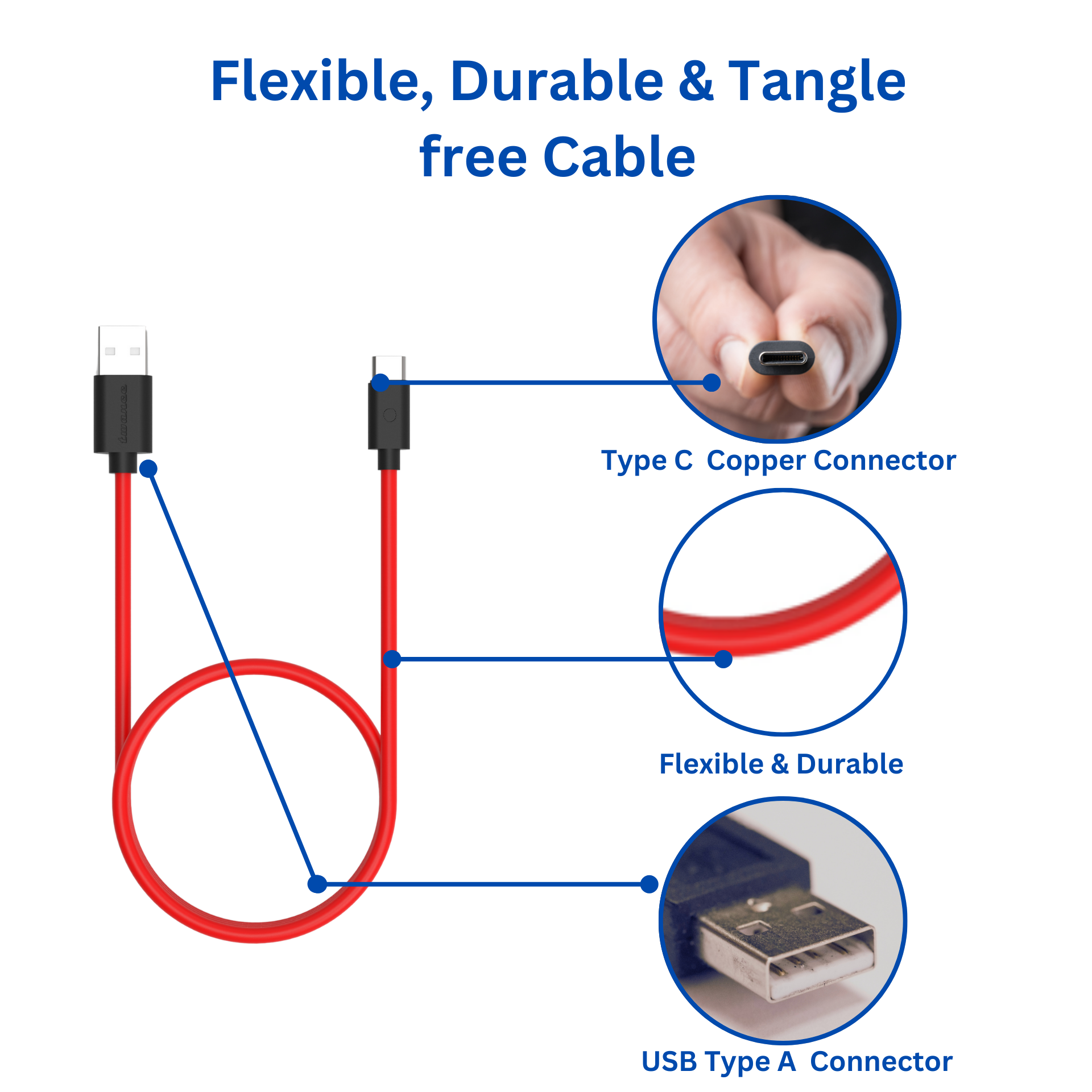 Twance T21R TPE - Type C to USB Charging & data transfer Cable, 1.25 M, Red view 2