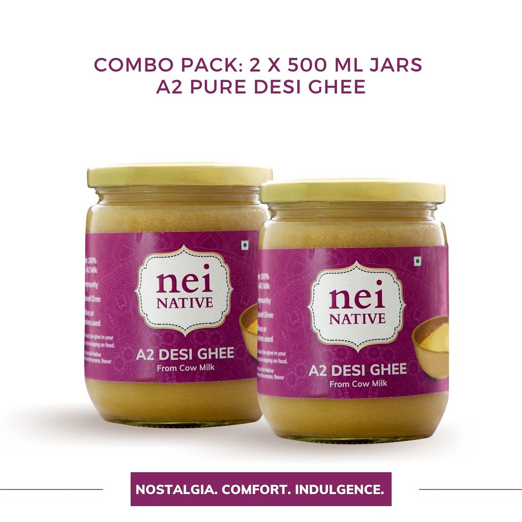 NeiNative A2 Desi Ghee 1kg - A2 Desi Cow Ghee 1 Litre - Bilona Ghee - (500ml x 2 Packs) Artisanal & Home Made Desi Cultured Ghee - A2 Milk Bilona Method view 2