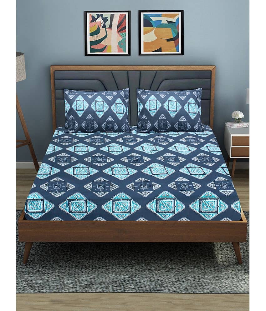Home Candy Microfibre Geometric Printed 1 Bedsheet with 2 Pillow Covers - Dark Blue view 2
