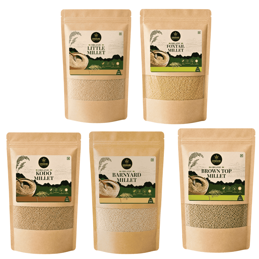 SiriGrains Millet Combo Pack 5kg (5 x 1kg) | Foxtail, Barnyard, Little, Kodo & Browntop Whole Millets | Unpolished Premium Millet Variety Pack