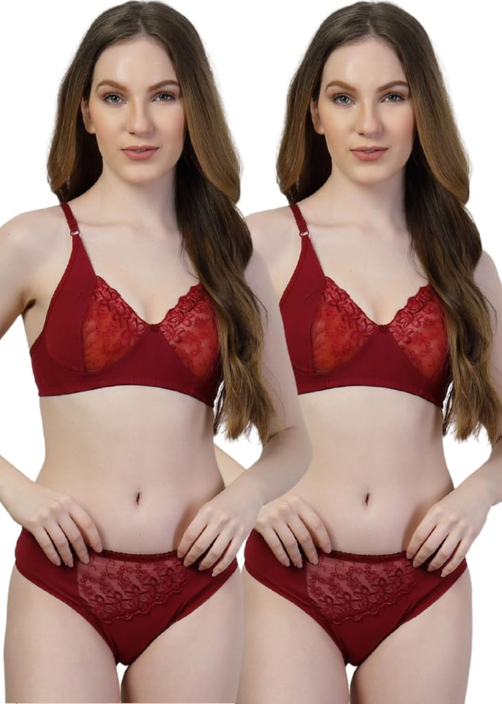 adornstar Women Cotton Lingerie Set with Solid Color Design | Non Wired and Non Padded Bra with Full Coverage Hipster Panty Set | Stylish and Soft Stretchable Fabric (Pack of 2) view 2