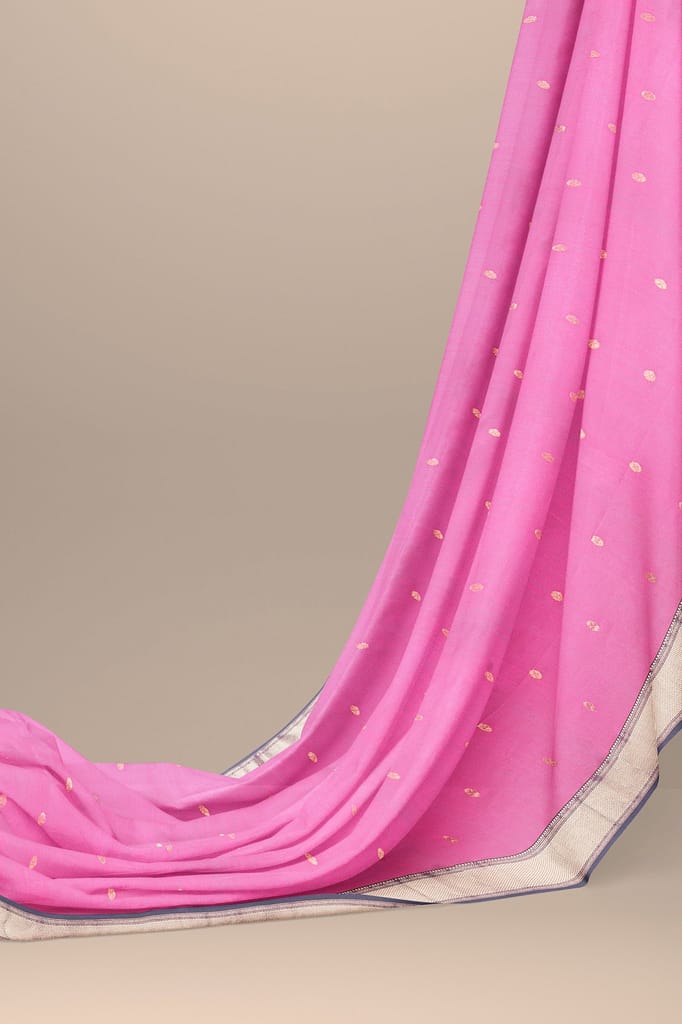 Flamingo Pink Buti Handwoven Sausar Silk with Zari Border and Tree Buta Pallu Saree SKU - BS10063 view 2