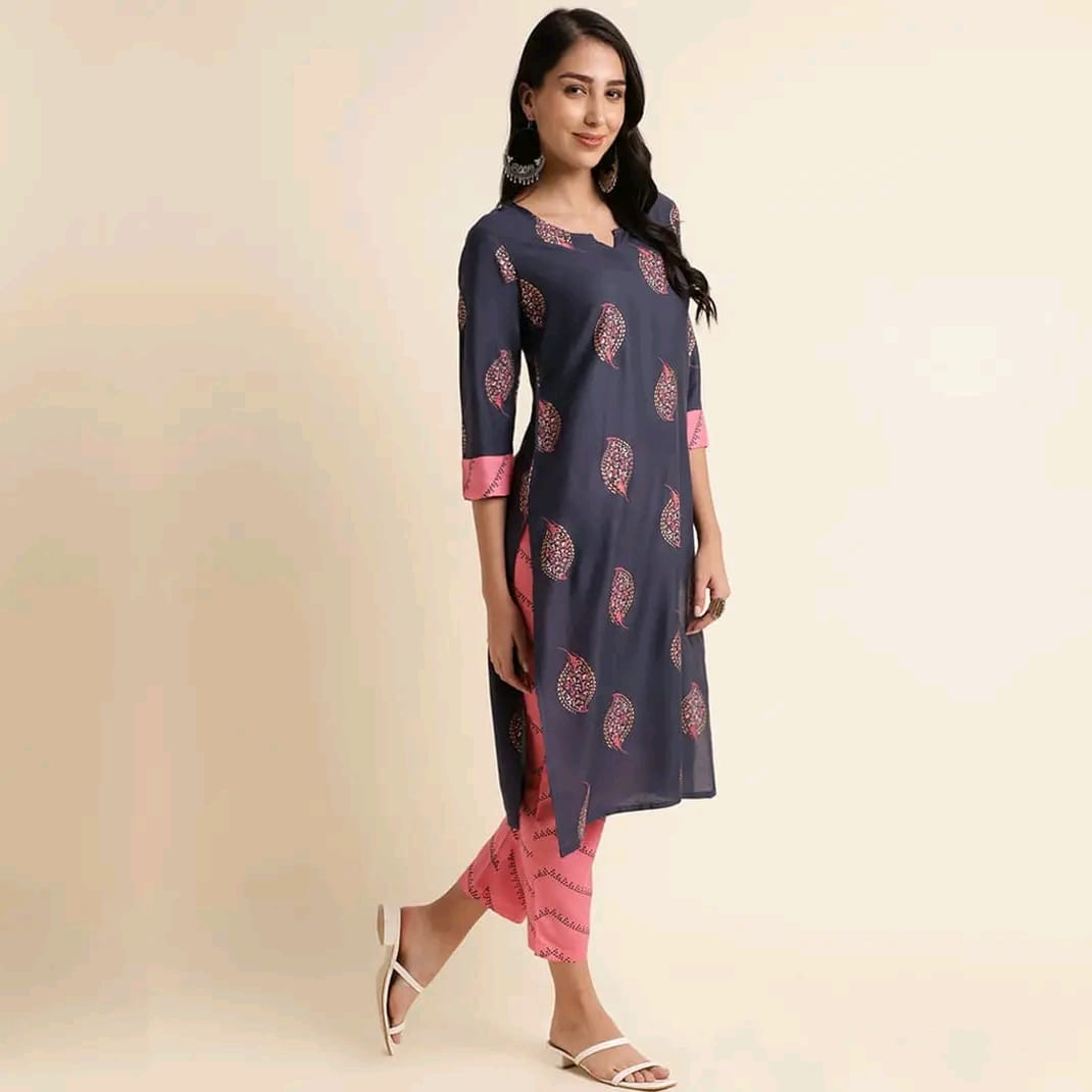 Reyon Foil Boota Printed straight Kurti Set view 2