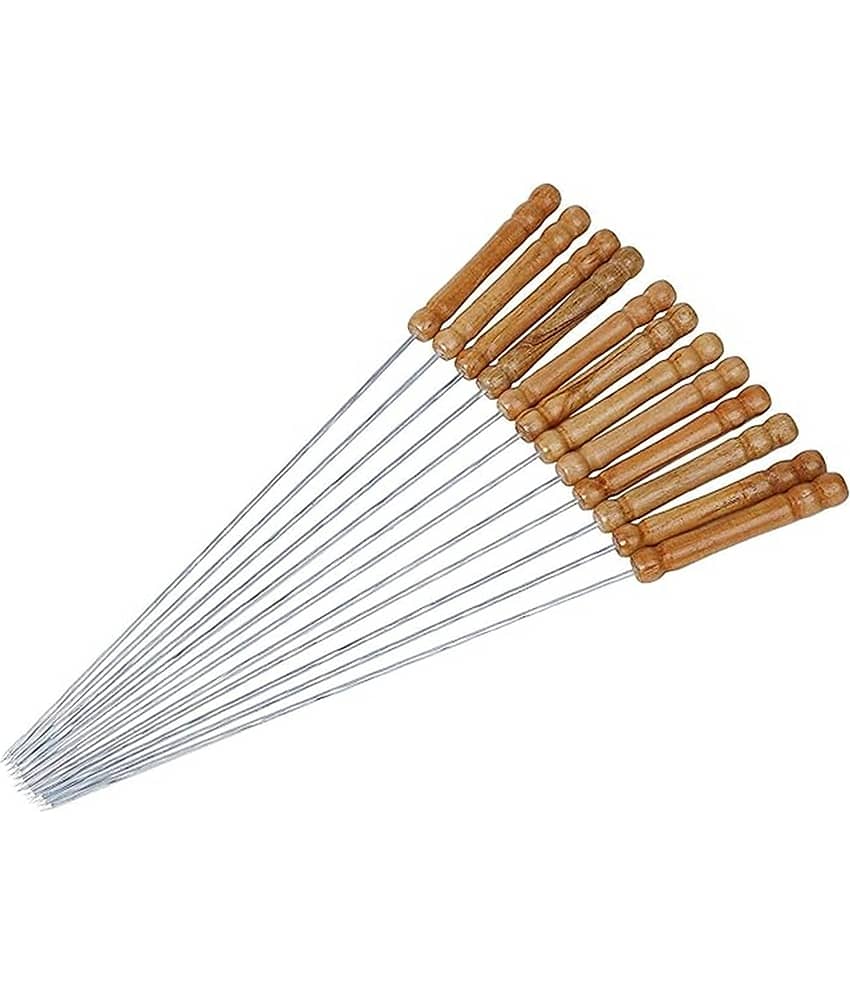 Stainless Steel BBQ Sticks (Pack of12, 12") Flat Kebab Sticks with Cool-Touch Wooden Handles Rust Proof, Reusable Metal BBQ Skewers for Kebabs, Paneer, Veggies & Seafood view 2