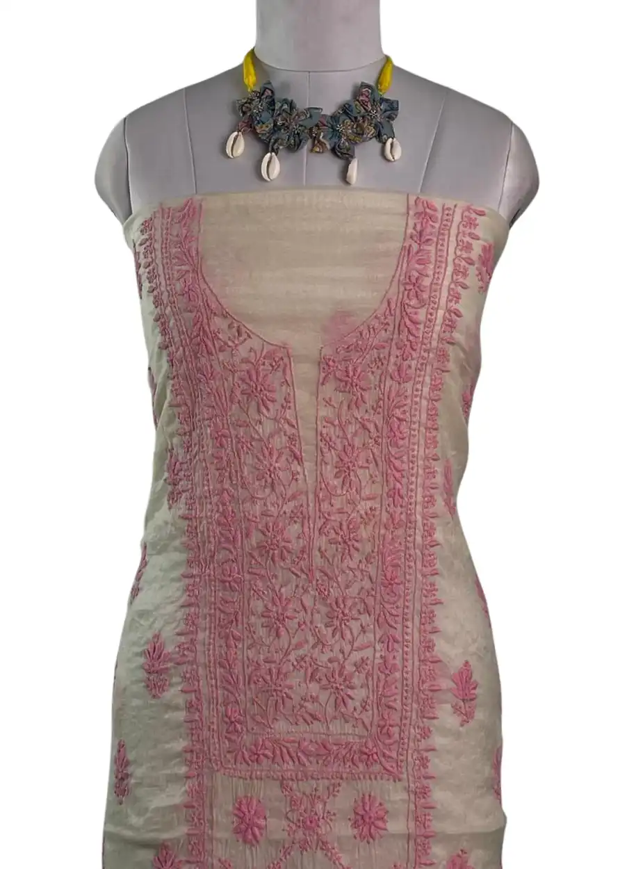 Chikankari Mul Chanderi Dress Material Ivory Pink Floral view 2