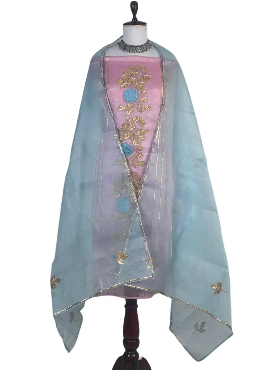 Kota Doria Dress Material Pastel Pink Gold Rose Vine view 2