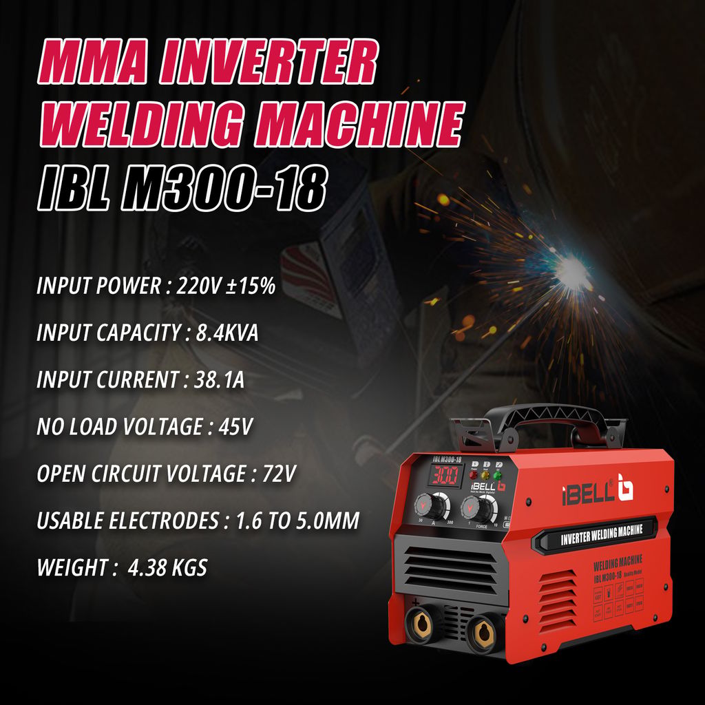 iBELL M300-18 Inverter ARC Welding Machine 300A | Professional & DIY IGBT Welder | Built-in Hot Start & Anti-Stick | Adjustable Arc Force | 1.6–5mm Electrodes | 220V view 2