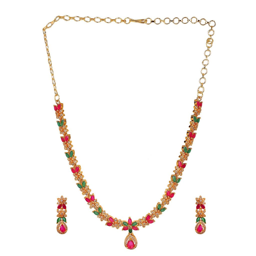 Cardinal Multicolor Stone American Diamond Gold Plated Choker Necklace Set view 2