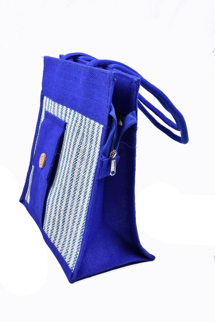 Blue Striped Jute Tote Bag with Button Closure view 2
