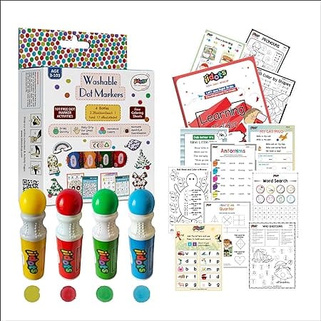 IIDOTS Washable Dot & Dab Rainbow Markers with 40 Printed Logical Reasoning Worksheets | Set of 4 Jumbo & Non - Toxic Markers for Kids & Toddlers | 350 + Brain Development and Drawing & Craft E-Sheets | 60ml in Each Bottle