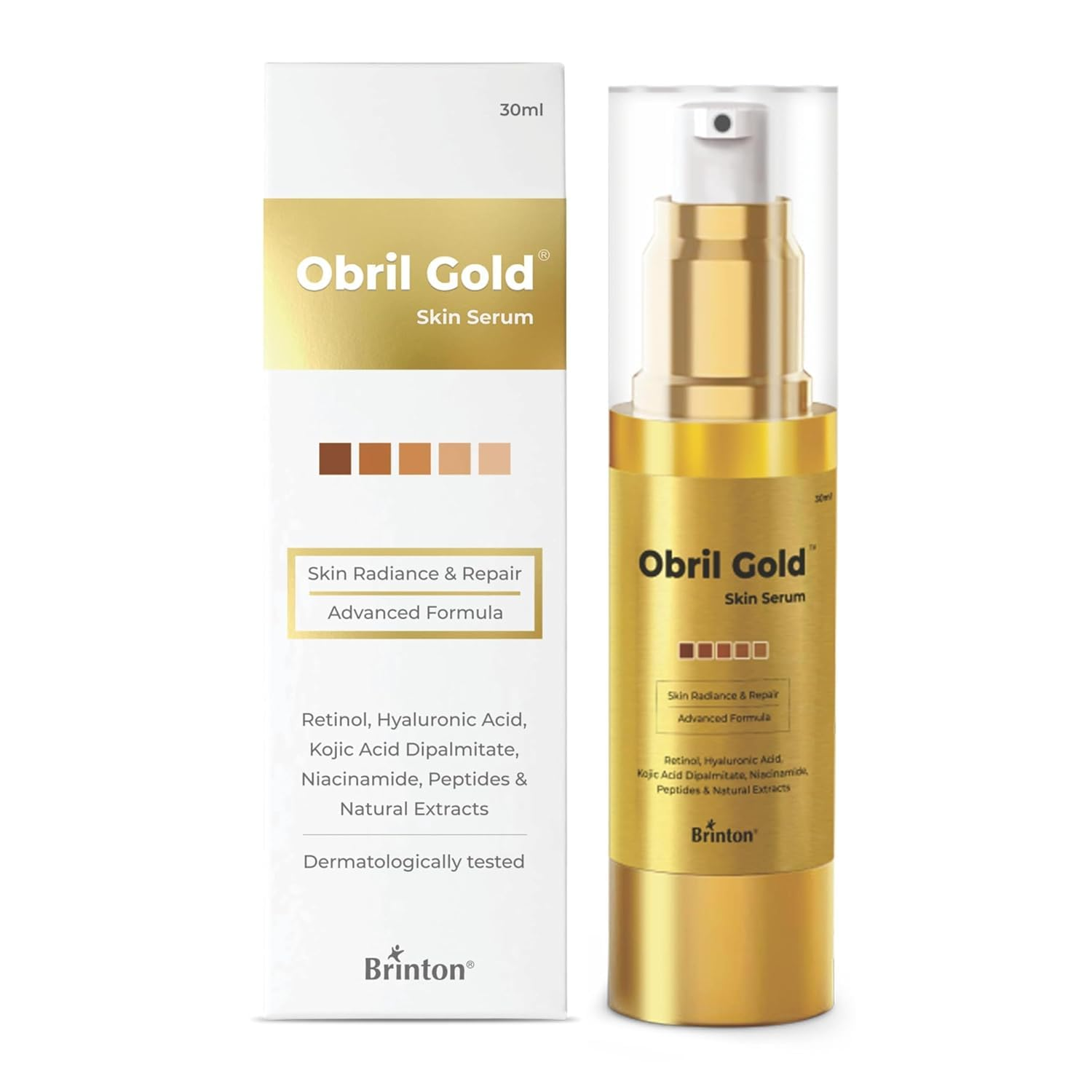 Brinton Obril Gold Skin Serum for Hyperpigmentation with Hyaluronic Acid for Dark Spot Removal Tan & Acne Marks | Reduces Wrinkles & Fine Lines - 30ml x Pack of 3 view 2