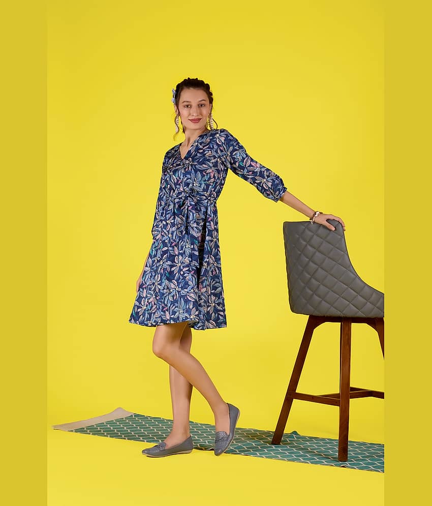 Amarasha Women Crepe Printed Fit & Flare Dress ( Navy ) view 2