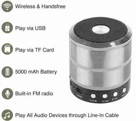 Multi-Function Portable Bluetooth Speaker with FM Radio, AUX, USB, TF Card Slot, & High Bass Sound Silver view 2