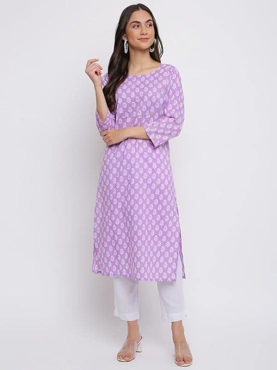 INDIAN KNOTS-Pure Cotton Lavender Floral Kurti_1001-LAD203
