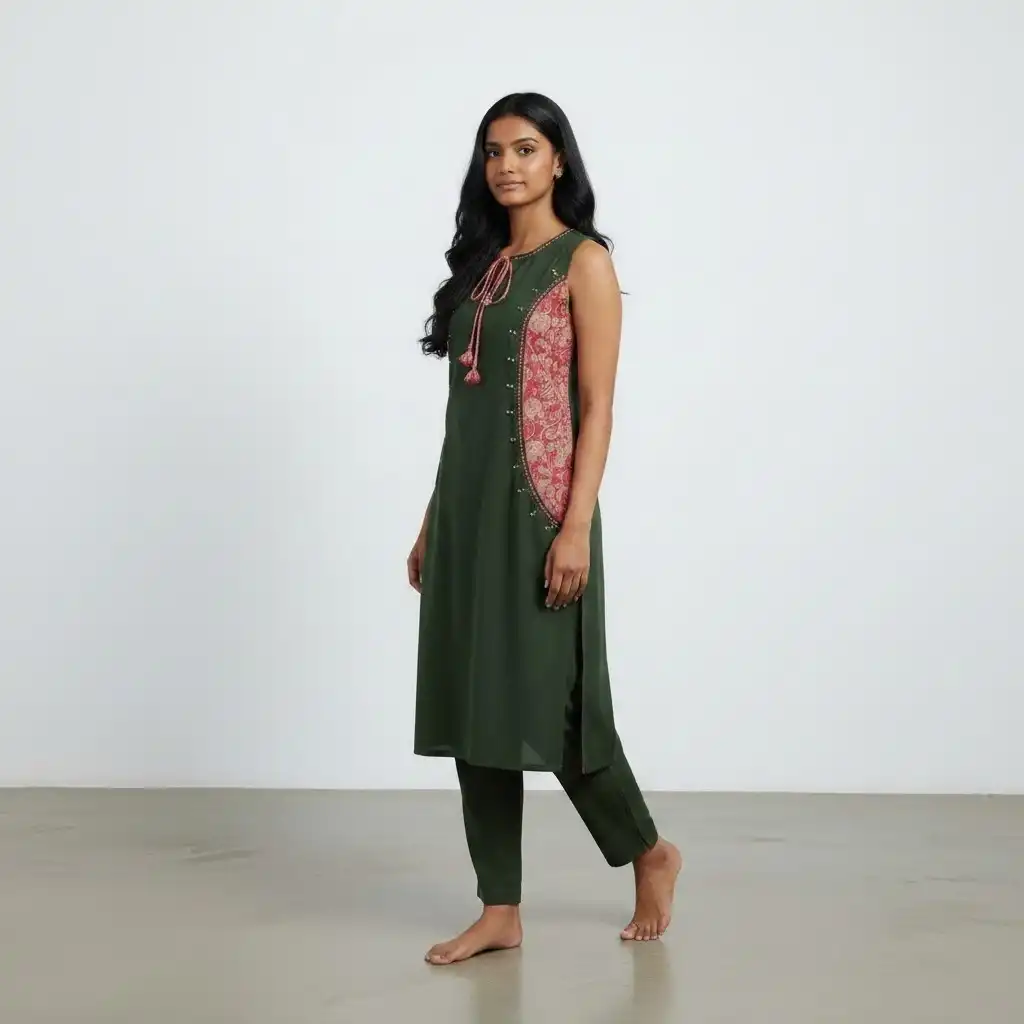 Handloom Cotton Two-Piece Co-Ord Set in Bottle Green view 2