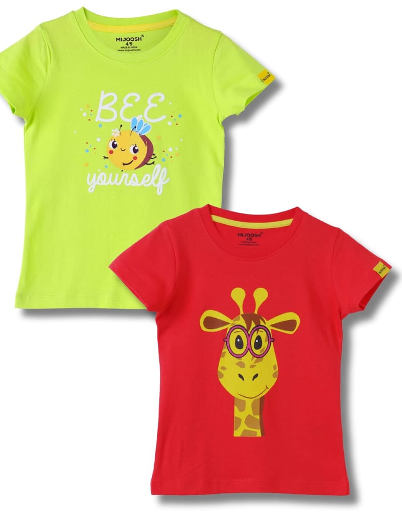 Girls T-Shirt Hibiscus Red / Acid Lime Green, Soft Cotton, Ages 2-6 (2pcs pack) view 2