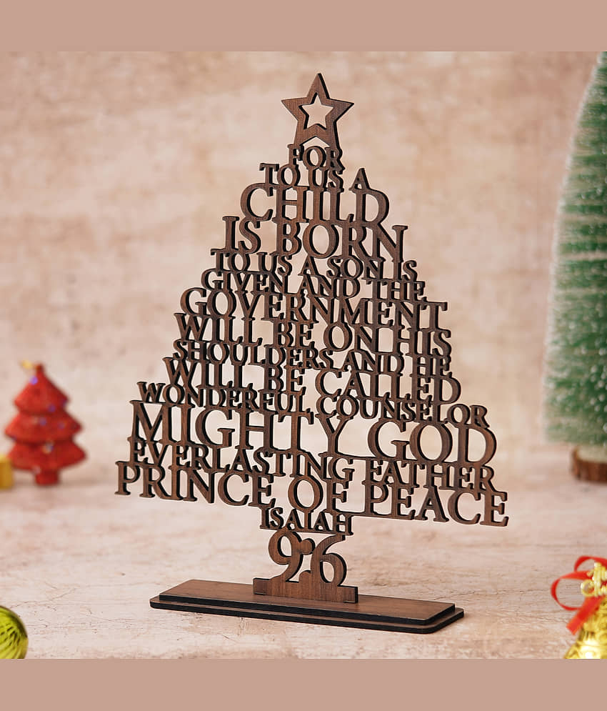 eCraftIndia Brown Wooden Tree for Christmas Decoration - Isaiah 9:6 Mini Christmas Tree Ornaments view 2