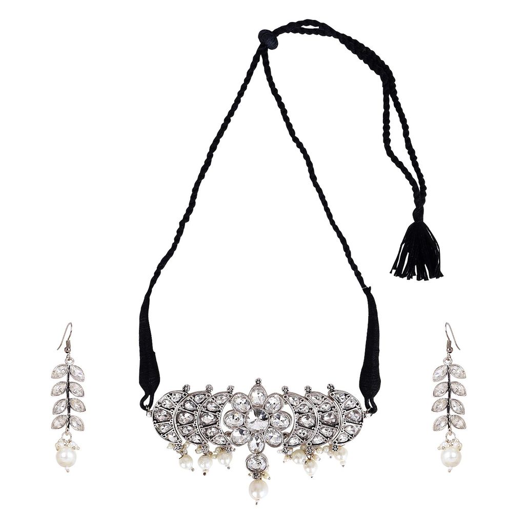 Cardinal White Stone Oxidized Silver Choker Necklace Set view 2