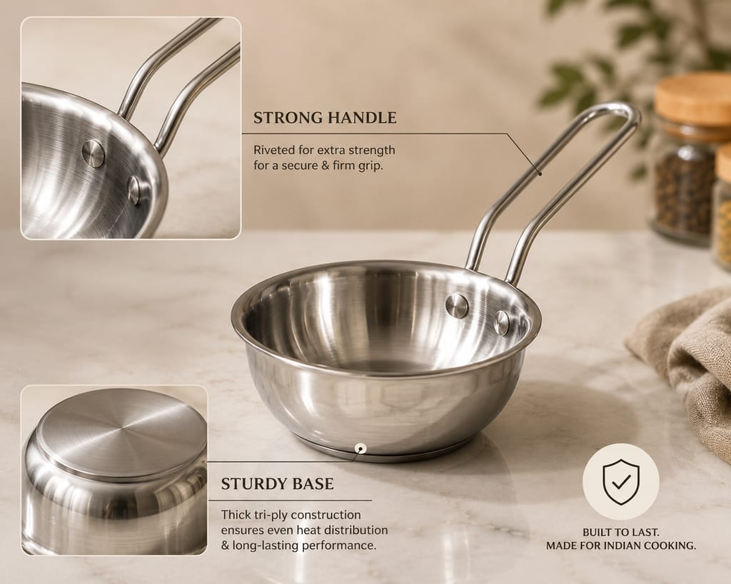 Tri-Ply 3-Piece Mini Cookware Set | 12 cm Saucepan, 16 cm Fry Pan & 16 cm Kadai view 2