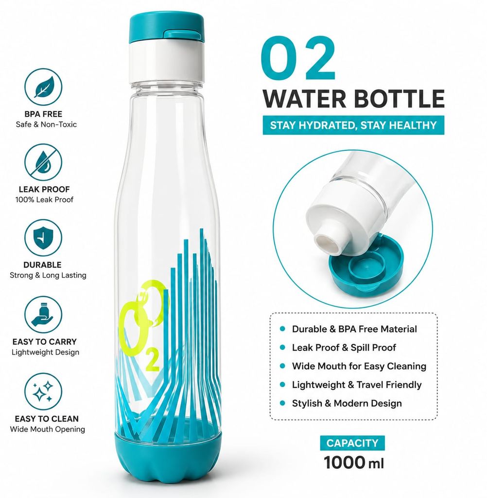 Stay hydrated throughout the day with this premium O2 1000free plastic, it features a leak-proof