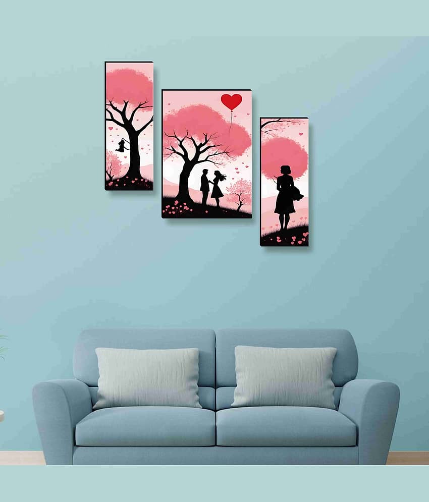 SAF Couple Love Under Pink Tree Wall Art – 3 Panel Romantic Silhouette Painting with Heart Balloons for Bedroom & Valentine Gift Décor 12 Inch x 20 Inch view 2